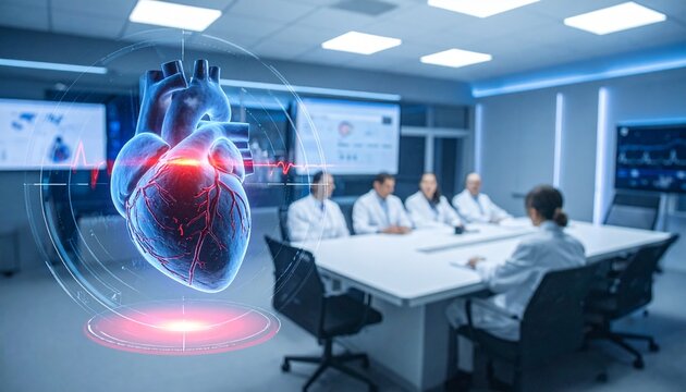 Medical Team Meeting with Heart Hologram