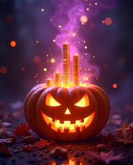 Enchanting Halloween Spirit: A vibrant, glowing pumpkin carving stands out against a mystical, blurred background, radiating eerie illumination and a touch of enchantment.