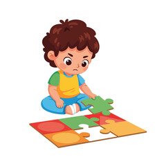 Frustrated young boy struggling with jigsaw puzzle piece at playtime activity