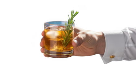 Hand holding glass of whiskey with rosemary garnish isolated on transparent background