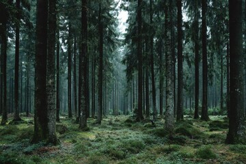 Fototapeta premium Dense dark green trees in a serene forest area with soft moss covering the ground creating a tranquil atmosphere during the early morning light