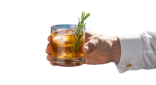 Hand holding glass of whiskey with rosemary garnish isolated on transparent background