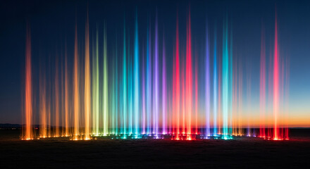 A vibrant display of colorful light beams piercing the twilight sky, an artistic installation
