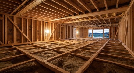 Fototapeta premium Interior view of a house under construction, showing the wooden framing, insulation, and open floor plan. Large windows offer a glimpse of the surrounding landscape