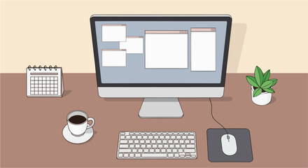 Minimal Remote Work Desk Setup with Computer Monitor, Coffee Cup, Keyboard, and Calendar — Flat Vector Home Office Illustration for Productivity and Freelancer Design