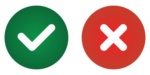 Fototapeta premium Correct and wrong icons signs, flat round buttons. green and red colors tick and cross icons. Correct and wrong symbol stickers. Vector illustration.