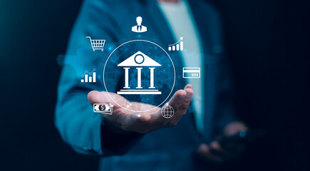 Digital banking concept. Businessman manages global finance, investment, and transactions through a secure, interconnected technology network. Secure financial control, connecting global markets.