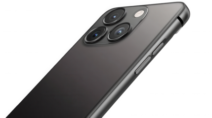 Sleek smartphone showcasing its advanced triple lens camera system on transparent background