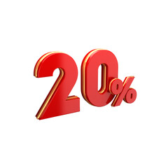3D Red & Gold 20 Percent Symbol Isolated on Transparent Background. Ideal for sales, promotions, discounts, or marketing campaigns. Perfect for use in retail banners, Ecommerce designs, and price tag