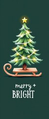 Whimsical Christmas Tree on Wooden Sleigh with Glowing Lights and Star on Top, Elegant Green Holiday Background, Festive Winter Illustration for Greeting Cards, Seasonal Decor, Merry and Bright Typogr
