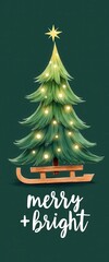 Whimsical Christmas Tree on Wooden Sleigh with Glowing Lights and Star on Top, Elegant Green Holiday Background, Festive Winter Illustration for Greeting Cards, Seasonal Decor, Merry and Bright Typogr