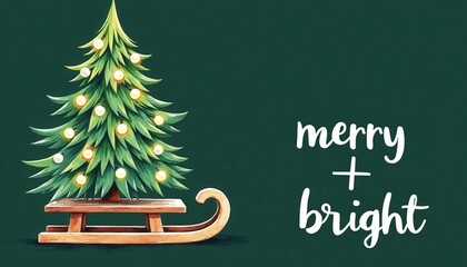 Whimsical Christmas Tree on Wooden Sleigh with Glowing Lights and Star on Top, Elegant Green Holiday Background, Festive Winter Illustration for Greeting Cards, Seasonal Decor, Merry and Bright Typogr