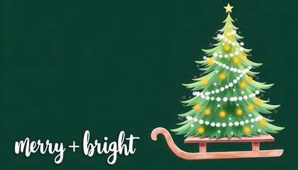 Whimsical Christmas Tree on Wooden Sleigh with Glowing Lights and Star on Top, Elegant Green Holiday Background, Festive Winter Illustration for Greeting Cards, Seasonal Decor, Merry and Bright Typogr