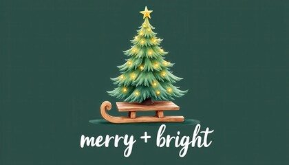 Whimsical Christmas Tree on Wooden Sleigh with Glowing Lights and Star on Top, Elegant Green Holiday Background, Festive Winter Illustration for Greeting Cards, Seasonal Decor, Merry and Bright Typogr