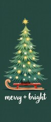Whimsical Christmas Tree on Wooden Sleigh with Glowing Lights and Star on Top, Elegant Green Holiday Background, Festive Winter Illustration for Greeting Cards, Seasonal Decor, Merry and Bright Typogr