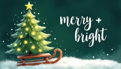 Whimsical Christmas Tree on Wooden Sleigh with Glowing Lights and Star on Top, Elegant Green Holiday Background, Festive Winter Illustration for Greeting Cards, Seasonal Decor, Merry and Bright Typogr