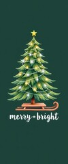 Whimsical Christmas Tree on Wooden Sleigh with Glowing Lights and Star on Top, Elegant Green Holiday Background, Festive Winter Illustration for Greeting Cards, Seasonal Decor, Merry and Bright Typogr