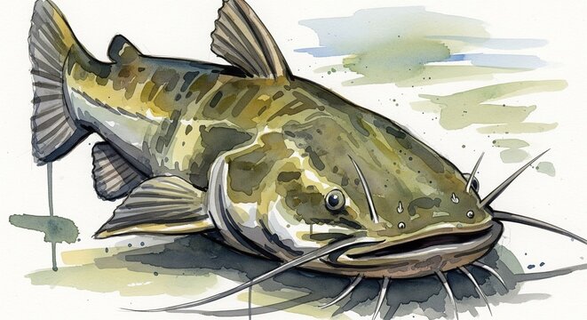  Flathead fish watercolor Watercolor style digital painting for graphic design decoration, gifts or print design, animals, fish in water, river, sea, lake life
