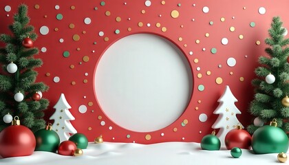 Christmas Holiday Round Frame Mockup Collection with Red and Green Festive Backgrounds, Golden Bokeh Lights, Pine Branches, Snow, Stars, Candy Canes, and Christmas Decorations, Blank Circular Space fo