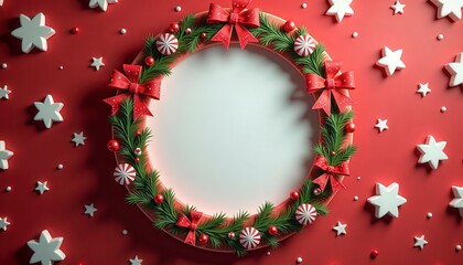 Christmas Holiday Round Frame Mockup Collection with Red and Green Festive Backgrounds, Golden Bokeh Lights, Pine Branches, Snow, Stars, Candy Canes, and Christmas Decorations, Blank Circular Space fo