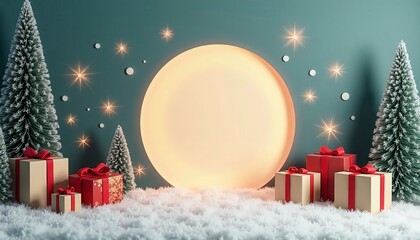 Christmas Holiday Round Frame Mockup Collection with Red and Green Festive Backgrounds, Golden Bokeh Lights, Pine Branches, Snow, Stars, Candy Canes, and Christmas Decorations, Blank Circular Space fo