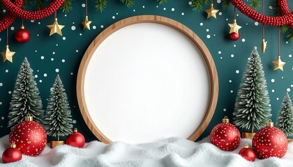 Christmas Holiday Round Frame Mockup Collection with Red and Green Festive Backgrounds, Golden Bokeh Lights, Pine Branches, Snow, Stars, Candy Canes, and Christmas Decorations, Blank Circular Space fo