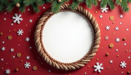 Christmas Holiday Round Frame Mockup Collection with Red and Green Festive Backgrounds, Golden Bokeh Lights, Pine Branches, Snow, Stars, Candy Canes, and Christmas Decorations, Blank Circular Space fo