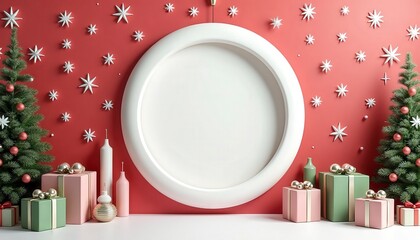 Christmas Holiday Round Frame Mockup Collection with Red and Green Festive Backgrounds, Golden Bokeh Lights, Pine Branches, Snow, Stars, Candy Canes, and Christmas Decorations, Blank Circular Space fo