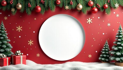 Christmas Holiday Round Frame Mockup Collection with Red and Green Festive Backgrounds, Golden Bokeh Lights, Pine Branches, Snow, Stars, Candy Canes, and Christmas Decorations, Blank Circular Space fo