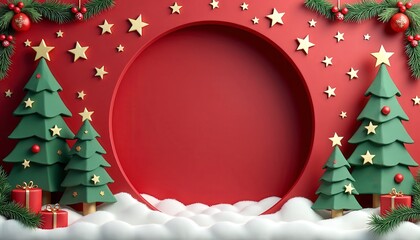 Christmas Holiday Round Frame Mockup Collection with Red and Green Festive Backgrounds, Golden Bokeh Lights, Pine Branches, Snow, Stars, Candy Canes, and Christmas Decorations, Blank Circular Space fo
