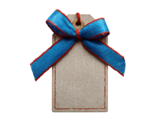 Beige tag with blue red ribbon bow image, Isolated, Png Transparent Background