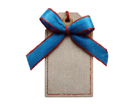 Beige tag with blue red ribbon bow image, Isolated, Png Transparent Background