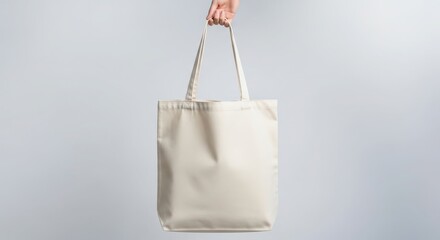 A simple beige canvas tote bag with handles held up against a plain white background isolated on white background