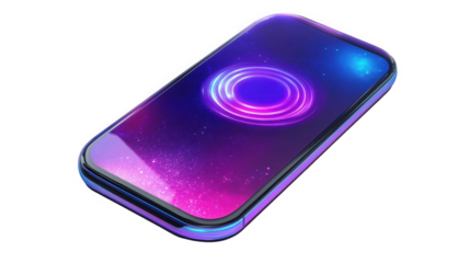 Glowing smartphone displays a vibrant cosmic background with circular light effect on transparent background