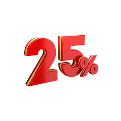 3D Red & Gold 25 Percent Symbol Isolated on Transparent Background. Ideal for sales, promotions, discounts, or marketing campaigns. Perfect for use in retail banners, Ecommerce designs, and price tag