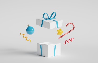 Open christmas gift boxes on white background. Minimal concept. 3d rendering