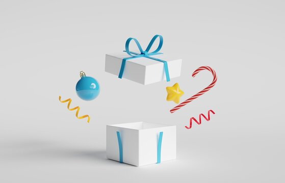 Open christmas gift boxes on white background. Minimal concept. 3d rendering