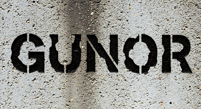 Gunor text stencil graffiti art in black on a concrete wall with a textured surface and shadows