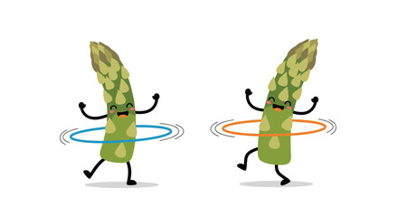 Obraz premium Two animated asparagus characters are happily hula-hooping, promoting a fun and healthy lifestyle.