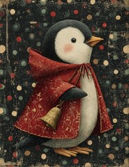 Whimsical vintage Christmas illustrations collection with cute snowmen, Santa Claus, reindeer, penguins, gingerbread characters, nutcrackers, festive elves, snow globes, winter wonderland scenes, cozy