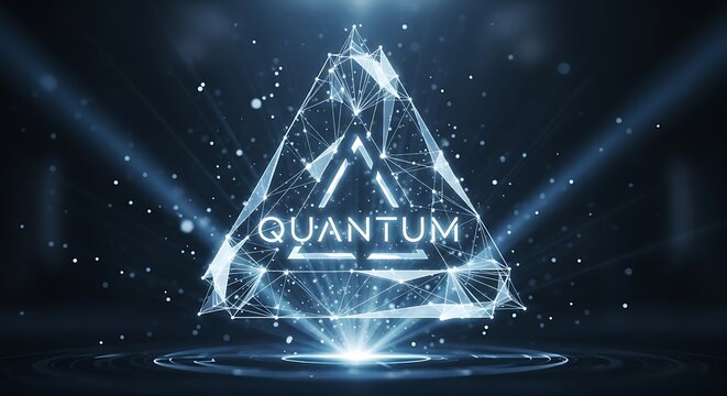 A quantum logo inside a triangle with connected lines and a bright light on a dark background