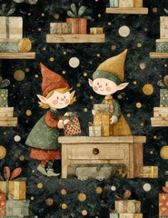 Whimsical vintage Christmas illustrations collection with cute snowmen, Santa Claus, reindeer, penguins, gingerbread characters, nutcrackers, festive elves, snow globes, winter wonderland scenes, cozy