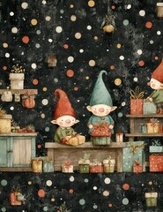 Whimsical vintage Christmas illustrations collection with cute snowmen, Santa Claus, reindeer, penguins, gingerbread characters, nutcrackers, festive elves, snow globes, winter wonderland scenes, cozy