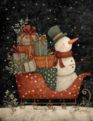 Whimsical vintage Christmas illustrations collection with cute snowmen, Santa Claus, reindeer, penguins, gingerbread characters, nutcrackers, festive elves, snow globes, winter wonderland scenes, cozy