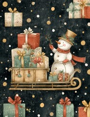 Whimsical vintage Christmas illustrations collection with cute snowmen, Santa Claus, reindeer, penguins, gingerbread characters, nutcrackers, festive elves, snow globes, winter wonderland scenes, cozy