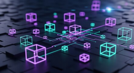 Abstract digital network of glowing cubes and interconnected lines representing blockchain technology isolated on white background