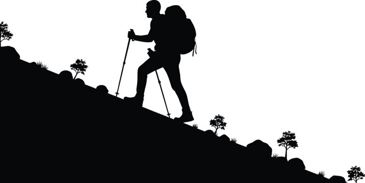 Silhouette of a hiker with a backpack and trekking poles climbing a steep mountain path isolated on transparent background