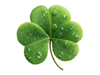 Vibrant green clover leaf adorned with glistening water droplets image, Isolated, Png Transparent Background