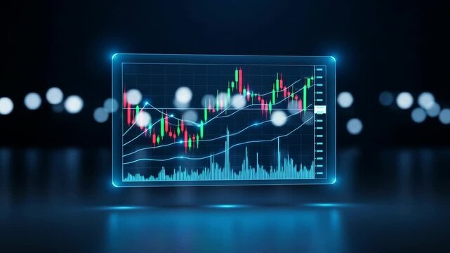 Glowing digital stock market chart with candlestick data, lines, and a dark, blurred background