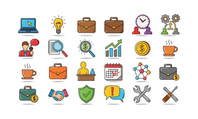 Flat Line Color Business Icons Pack. Ikon Vektor Pekerjaan, Keuangan, Analisis, dan Kolaborasi